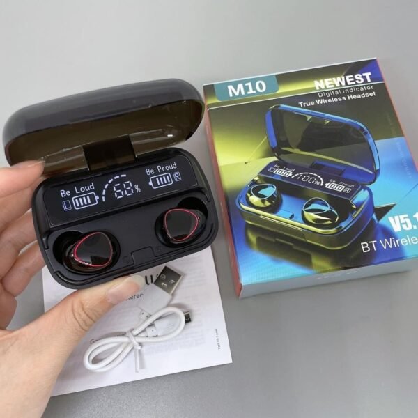 Premium M10 TWS Wireless Bluetooth Earbuds in sleek black design with charging case.